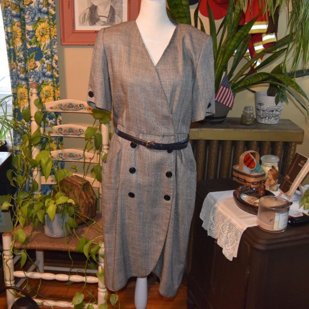 Vintage 80s Does 40s Caron Petite Chicago Power Dress Gray Tweed Size M